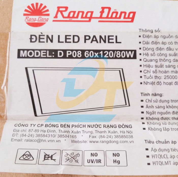 Đ&egrave;n Led Panel vu&ocirc;ng 6500K Rạng Đ&ocirc;ng D P08 600x1200/80W  RangDong | Gi&aacute; rẻ nhất - C&ocirc;ng Ty TNHH Thương Mại Dịch Vụ Đạt T&acirc;m