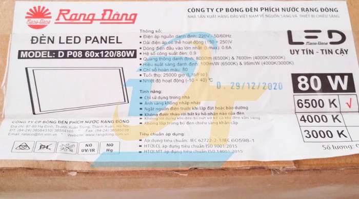 Đ&egrave;n Led Panel vu&ocirc;ng 6500K Rạng Đ&ocirc;ng D P08 600x1200/80W  RangDong | Gi&aacute; rẻ nhất - C&ocirc;ng Ty TNHH Thương Mại Dịch Vụ Đạt T&acirc;m