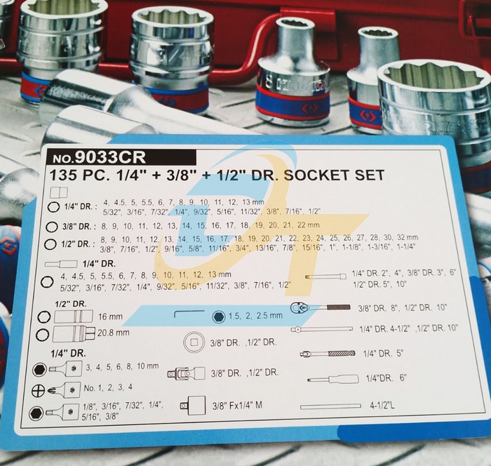 Bộ tu&yacute;p 135 chi tiết 1/2" - 1/4" - 3/8" Kingtony 9033CR  KingTony | Gi&aacute; rẻ nhất - C&ocirc;ng Ty TNHH Thương Mại Dịch Vụ Đạt T&acirc;m