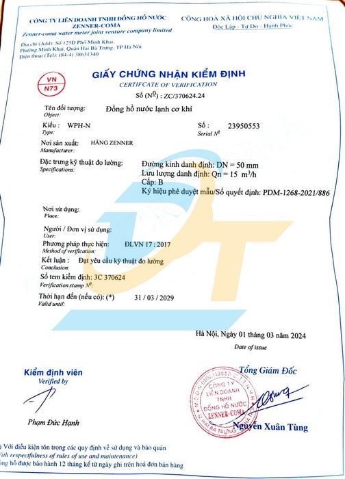 Đồng hồ đo nước sạch Zenner WPH-N DN50 phi 60 (C&oacute; kiểm định)  ZENNER | Gi&aacute; rẻ nhất - C&ocirc;ng Ty TNHH Thương Mại Dịch Vụ Đạt T&acirc;m