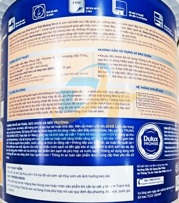Sơn nước trong nh&agrave; Dulux EasyClean kh&aacute;ng virus 99A Base A - Th&ugrave;ng 5 l&iacute;t  Dulux | Gi&aacute; rẻ nhất - C&ocirc;ng Ty TNHH Thương Mại Dịch Vụ Đạt T&acirc;m
