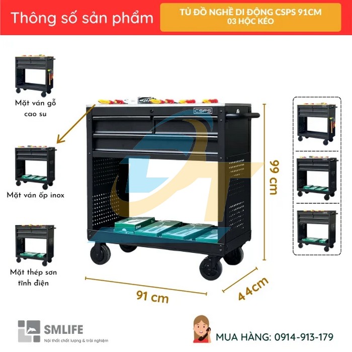 Xe đẩy dụng cụ 91cm-3 hộc k&eacute;o CSPS  CSPS | Gi&aacute; rẻ nhất - C&ocirc;ng Ty TNHH Thương Mại Dịch Vụ Đạt T&acirc;m