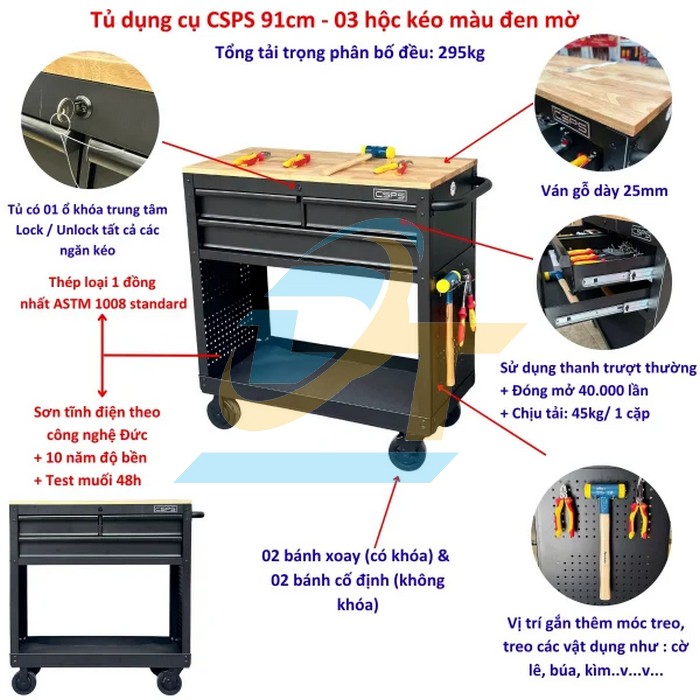 Xe đẩy dụng cụ 91cm-3 hộc k&eacute;o CSPS  CSPS | Gi&aacute; rẻ nhất - C&ocirc;ng Ty TNHH Thương Mại Dịch Vụ Đạt T&acirc;m